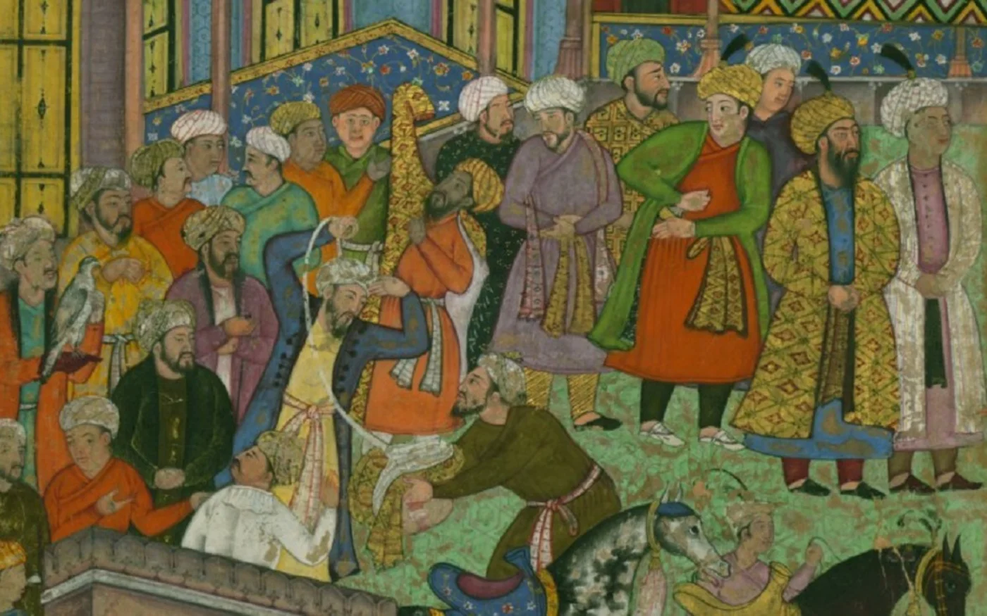 Une scène du Bāburnāma, mémoires du sultan moghol Babur, datant du XVIe siècle, dans le style de la miniature persane (domaine public)