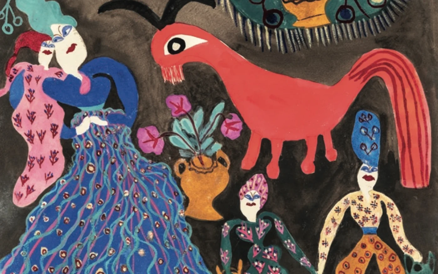 Baya, Conte 8 : Le lion. La mère réagit, 1947. Gouache sur papier, 24 x 31 cm. Aix-en-Provence, Archives nationales d’outre-mer (France)