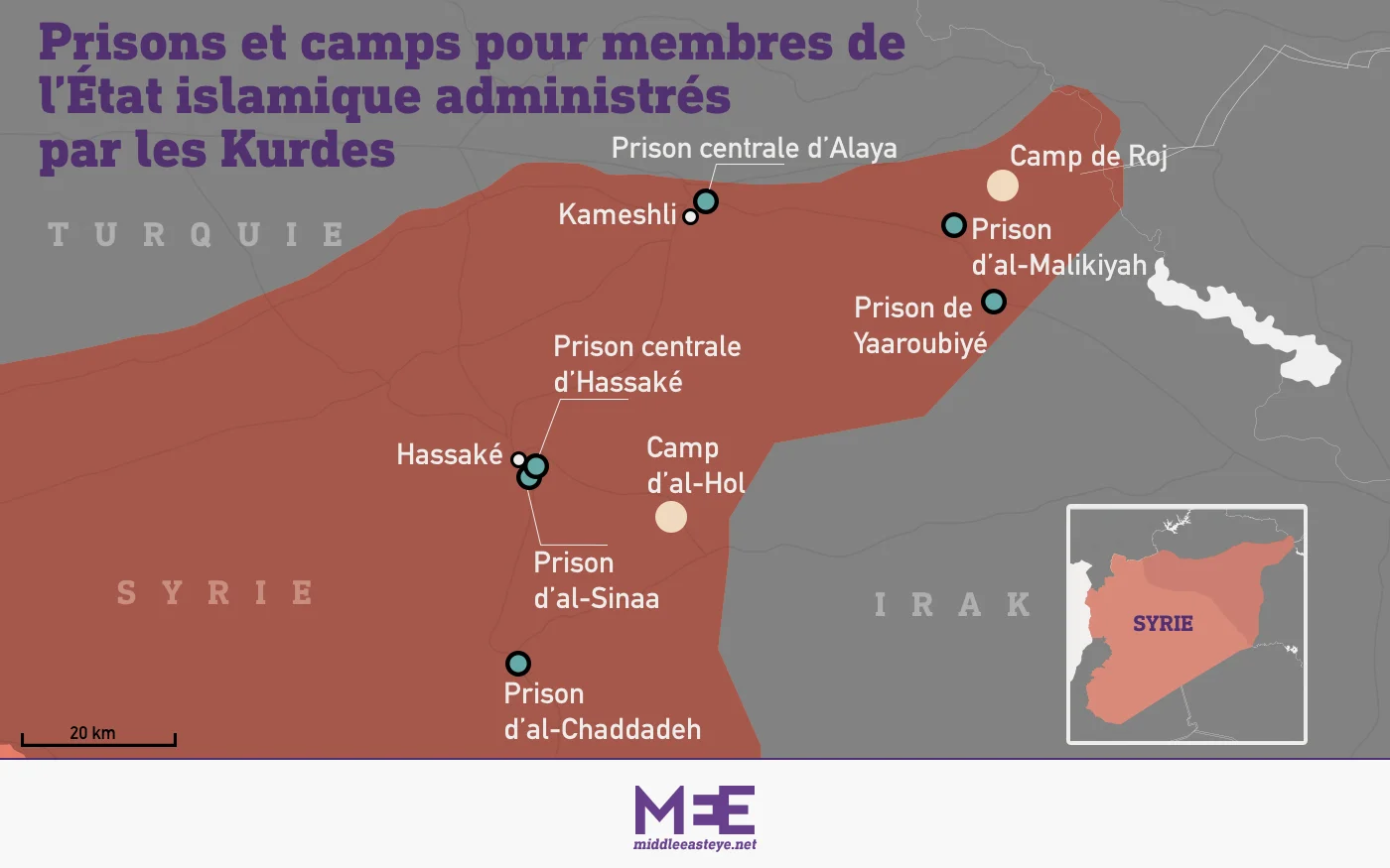 On compte environ 60&nbsp;000&nbsp;femmes et enfants dans les camps de Roj et al-Hol et 10&nbsp;000&nbsp;hommes et adolescents dans les prisons