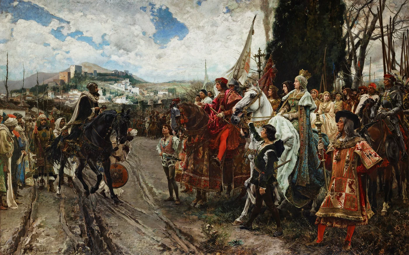 Tableau de l’artiste Francisco Pradilla y Ortiz de 1882 représentant la reddition finale des forces musulmanes sous Mohammed XII (Boabdil) face aux soldats dirigés par les monarques espagnols Isabelle et Ferdinand (domaine public)
