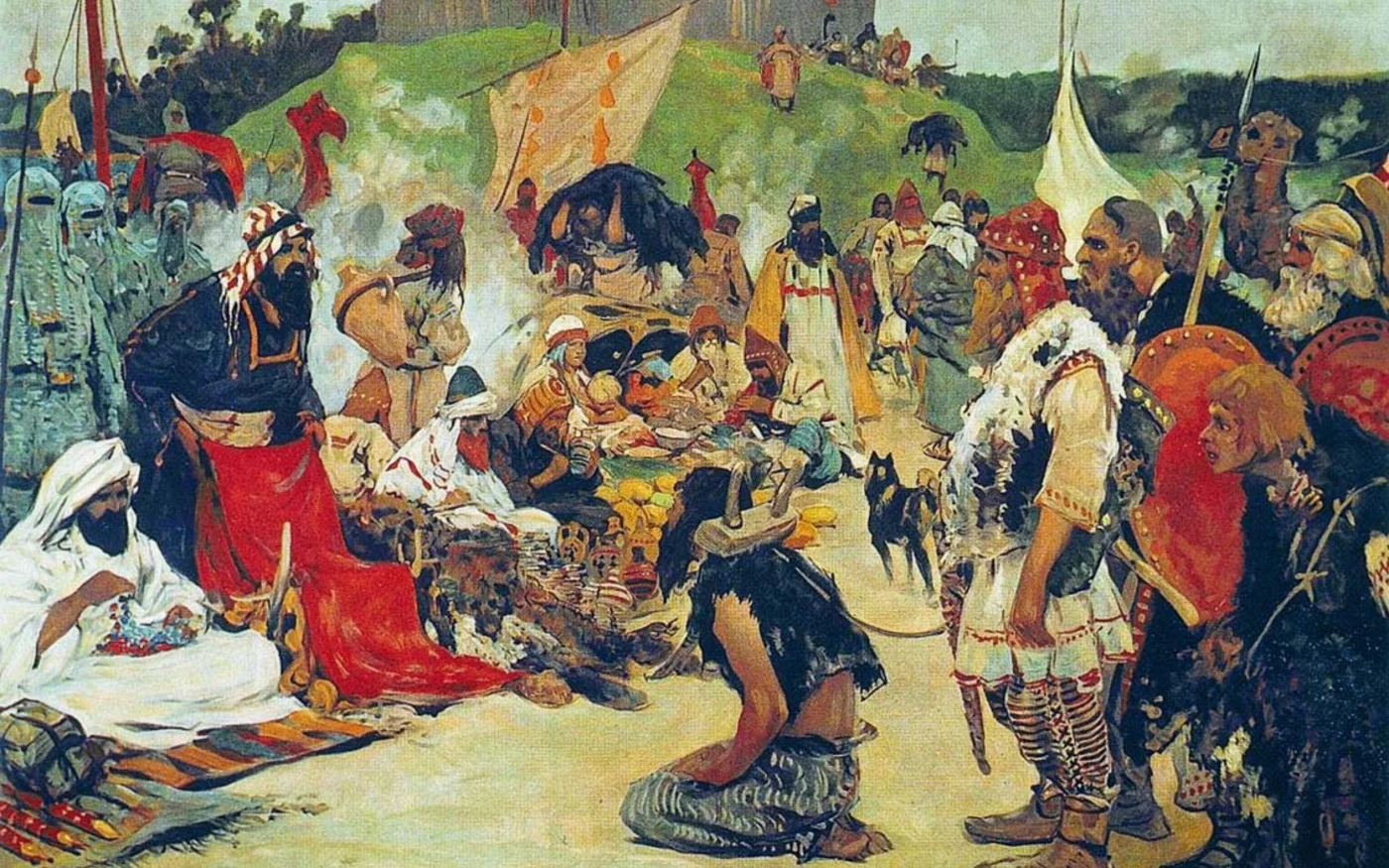Tableau du début du XXe siècle de Sergueï Ivanov représentant des échanges commerciaux entre Arabes et Rus’ (Wikipédia)