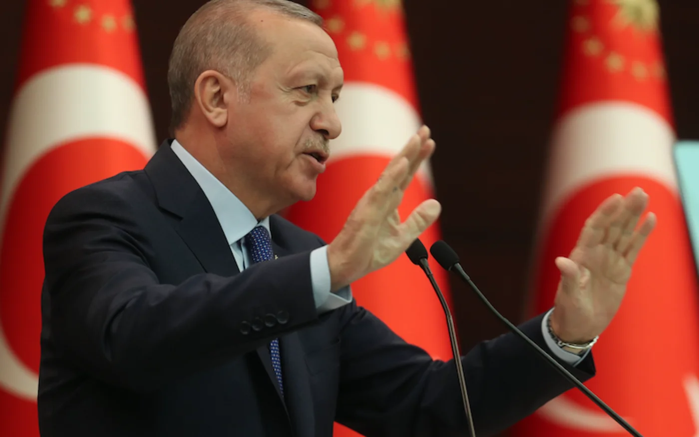 Le président turc Recep Tayyip Erdogan lors d'réunion de coordination pour la lutte contre le nouveau coronavirus, au Palais Cankaya, à Ankara, le 18 mars 2020 (AFP)