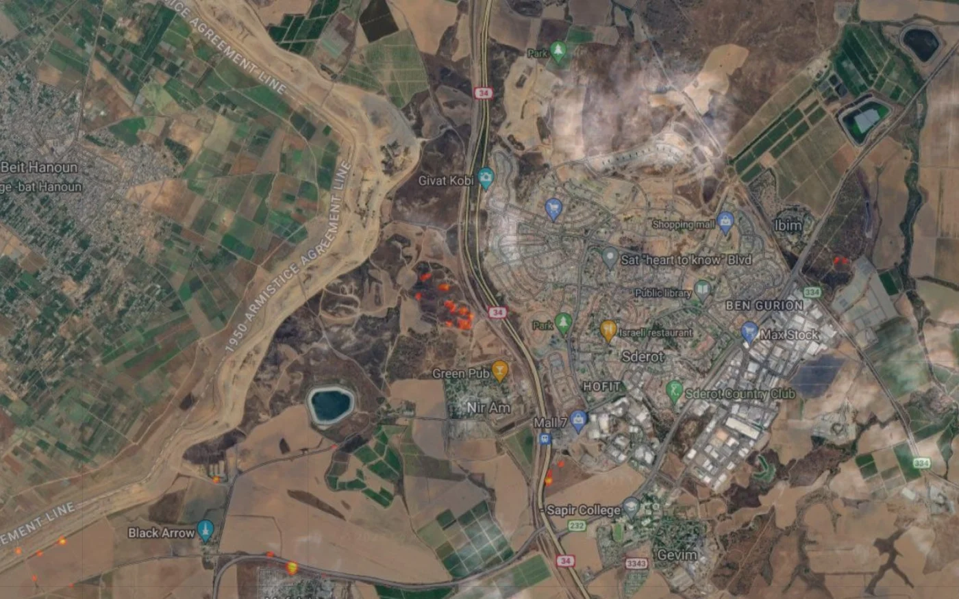 Des concentrations d’incendies sont visibles dans le parc national de Sdérot et le long de la frontière entre Gaza et Israël (Sentinel/Soar)