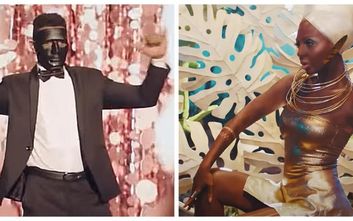 Deux exemples de blackface dans des clips de musique pop : le chanteur égyptien Boshra et la star libanaise Myriam Fares (captures d’écran)
