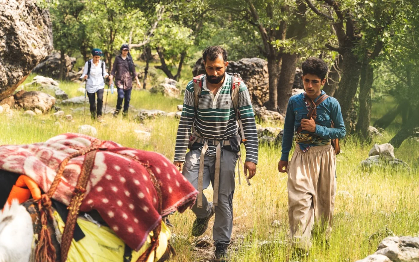 Mohamad Malekshahi (au centre), directeur de l’agence Nomad Tours, lors d’une transhumance avec quelques touristes (crédit&nbsp;: Vincent Kronental)