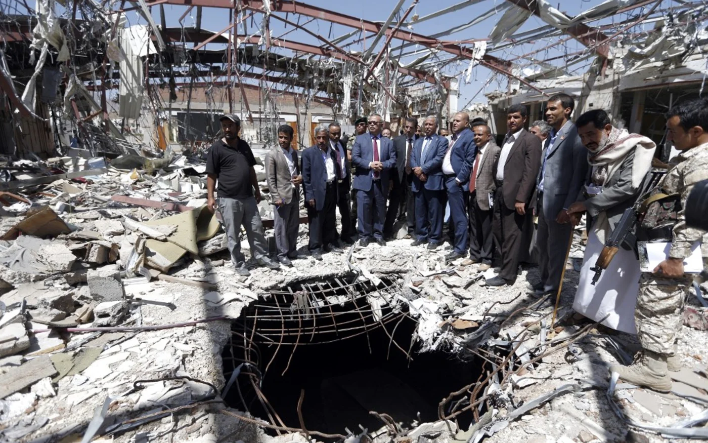 Yemeni Prime Minister Abdel Aziz bin Habtoor visits the Great Hall in Sanaa destroyed by reported Saudi-led coalition air strikes in 2016 (Mohammed Huwais/AFP)