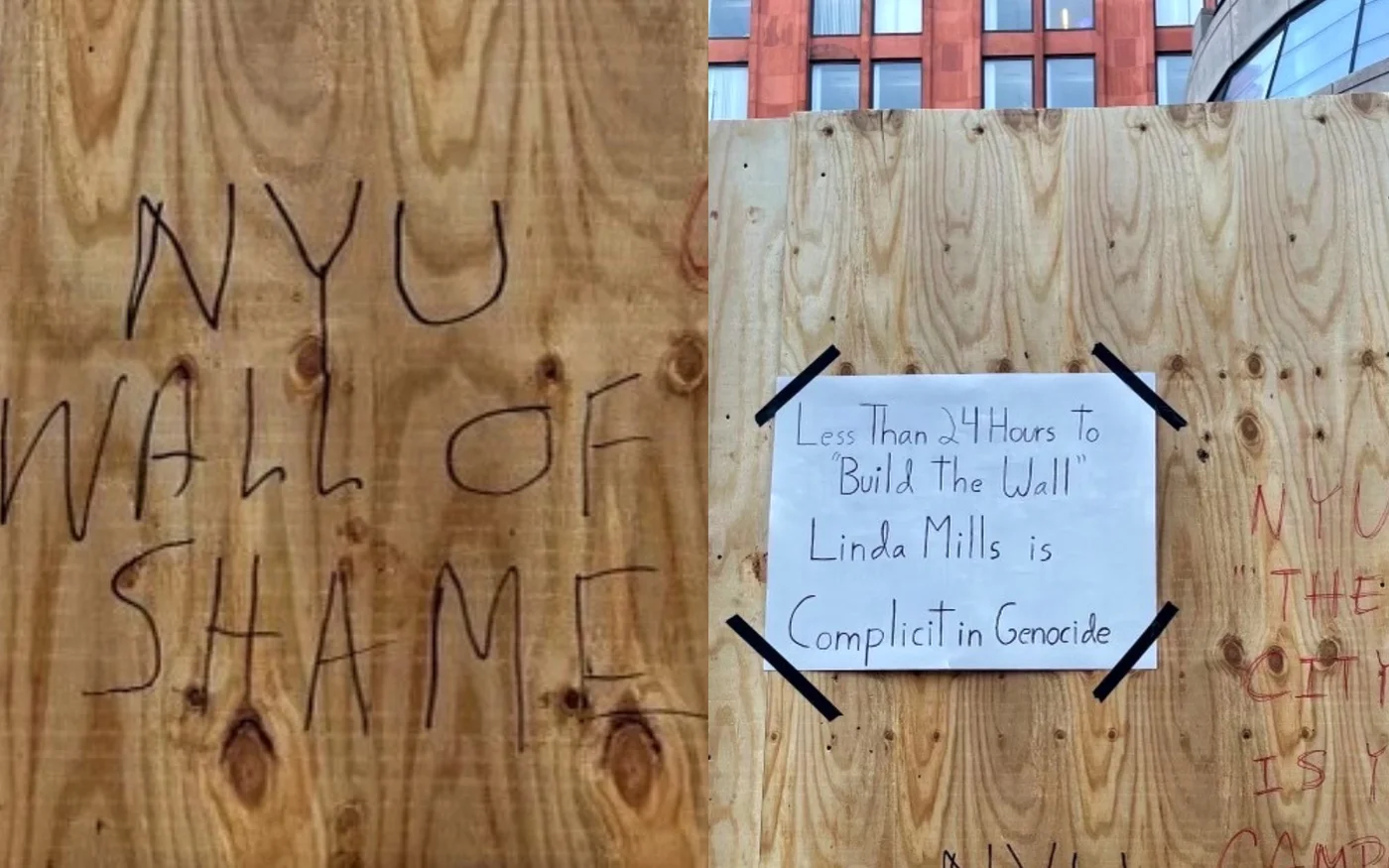 « Le mur de la honte » : la construction d’un mur en contreplaqué par les administrateurs de l’université de New York (NYU) à Manhattan pour bloquer les manifestants a provoqué de nombreuses moqueries (PSC NYU/MEE)