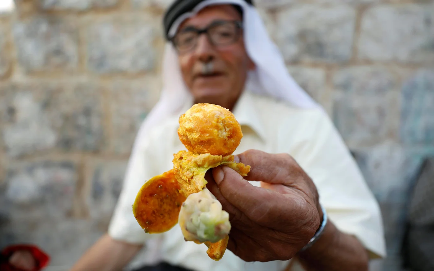 Un homme décortiqué une figue de Barbarie dans le village de Nilin, près de Ramallah, en Cisjordanie occupée (Reuters)
