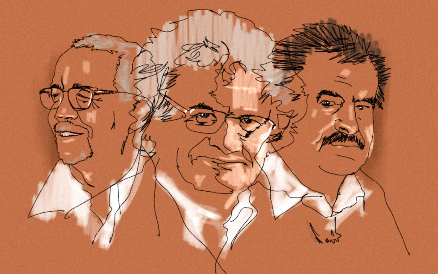 Portraits des trois romanciers arabes (de gauche à droite) Yasmina Khadra, Amin Maalouf et Walid Saif (illustration&nbsp;: Saad)