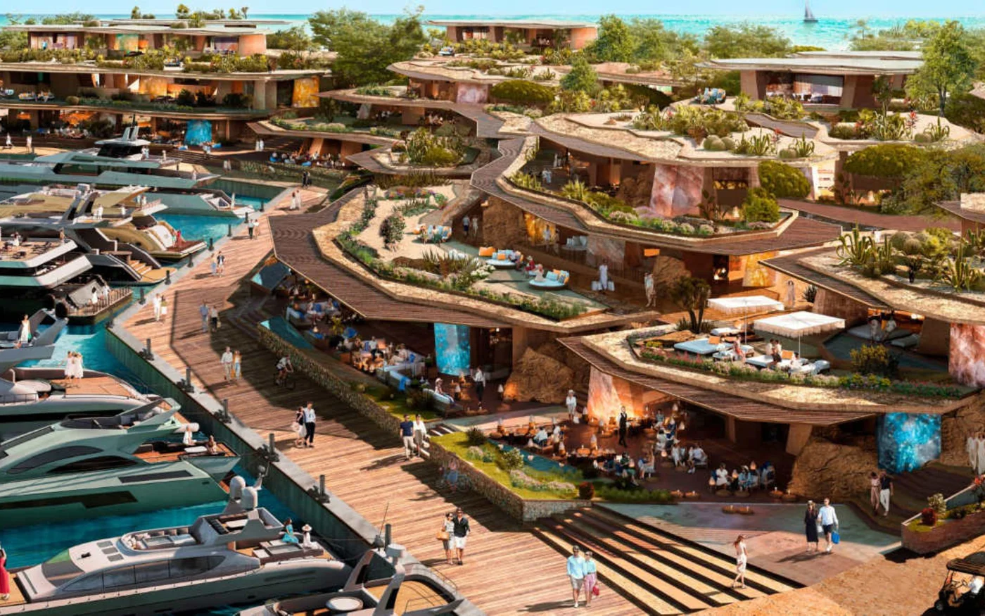 Un rendu de Sindalah, la ville portuaire de Neom, sur la mer Rouge au nord-ouest de l’Arabie saoudite (Neom.com)