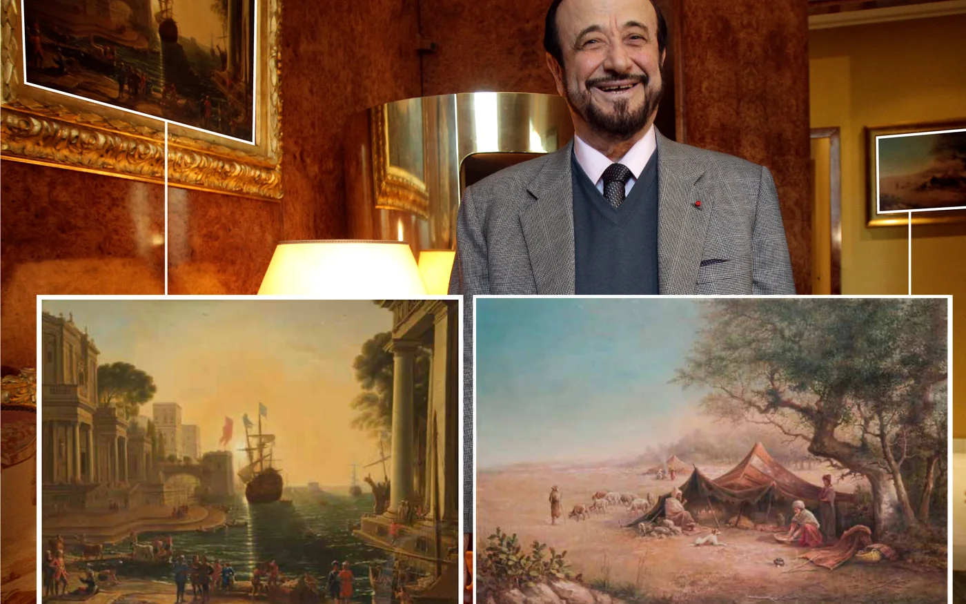 Rifaat al-Assad dans sa demeure de l’avenue Foch à Paris, en 2011, avec deux des tableaux – peint par De Toursky (à droite) et d’après Gellée (à gauche) – vendus aux enchères par Ader (Capture d’écran Michel Euler/AP/SIPA/Ader)