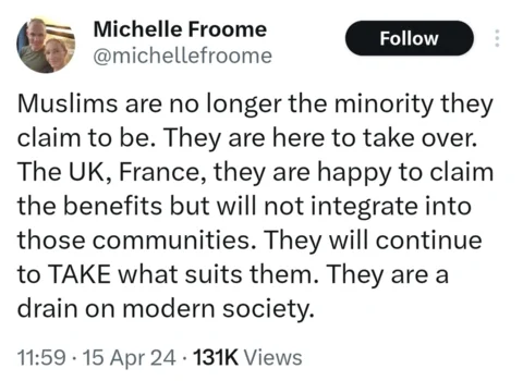Screengrab of a post on X by Michelle Froome