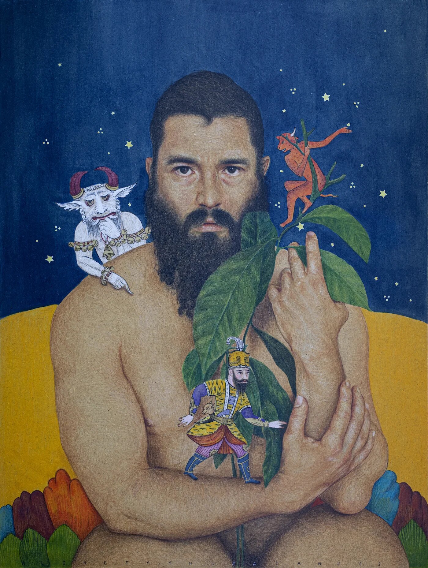 Alireza Shojaian. Sous le ciel de Shiraz, Arthur, 2022. Toile, Peinture acrylique et crayon de couleur sur bois. 80 x 60 cm. Courtesy de l’artiste et de la galerie La La Lande © Alireza Shojaian