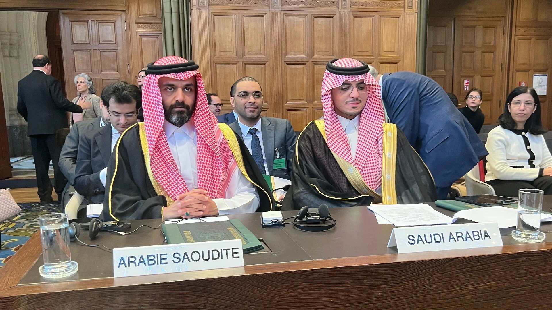 The Saudi delegation to the International Court of Justice on the second day of hearings begins at The Hague in the Netherlands, on 29 April (Sondos Asem/MEE)