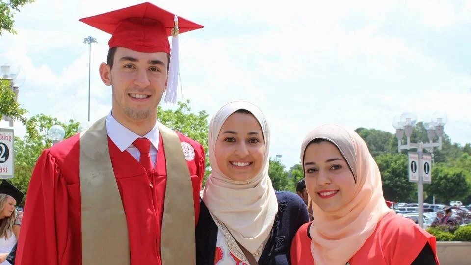 L-R: Deah Barakat, Yusor Abu-Salha, and Razan Abu-Salha were fatally shot on 10 February 2015