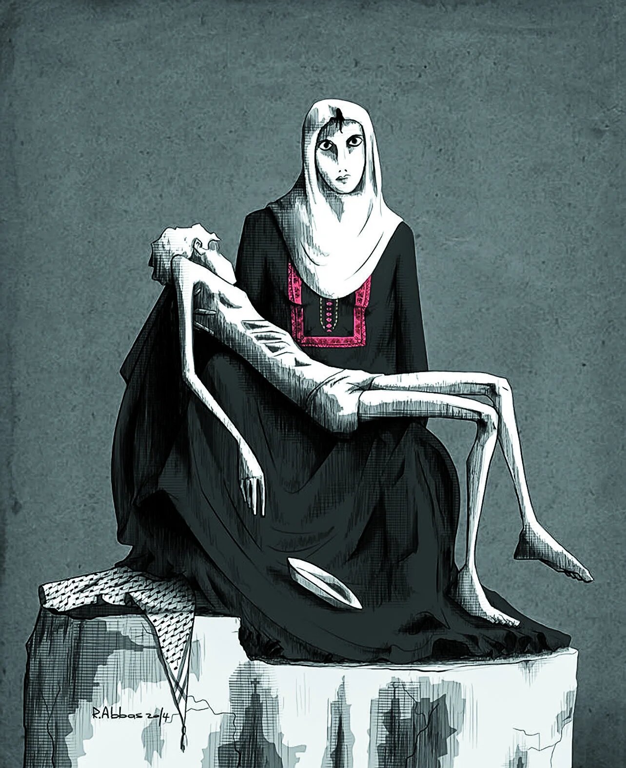 Rami Abbas’s drawing No Mercy from 2014 - in July 2012, the funeral for demonstrators killed at Yarmouk refugee camp was marked by unprecedented protests in Damascus