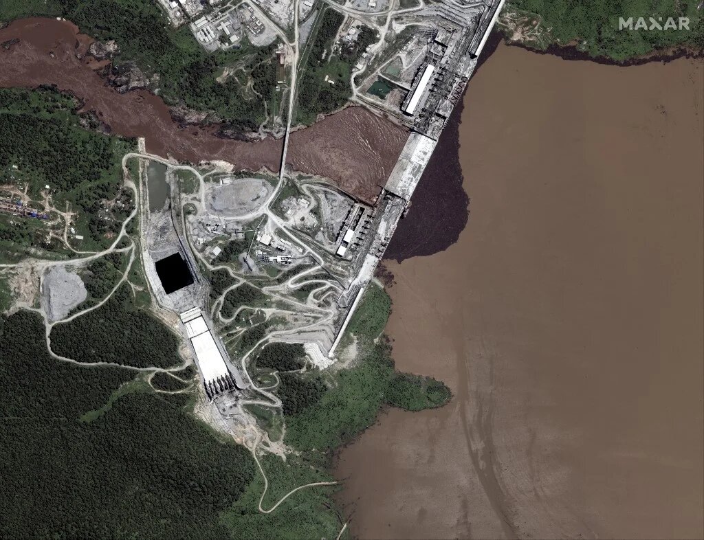 Image satellite du 21 juillet 2020 montrant l’état du Grand barrage de la renaissance au niveau de la jonction avec le Nil Bleu, au nord-ouest de l’Éthiopie, le 11 juillet 2020 (AFP/Maxar Technologies)