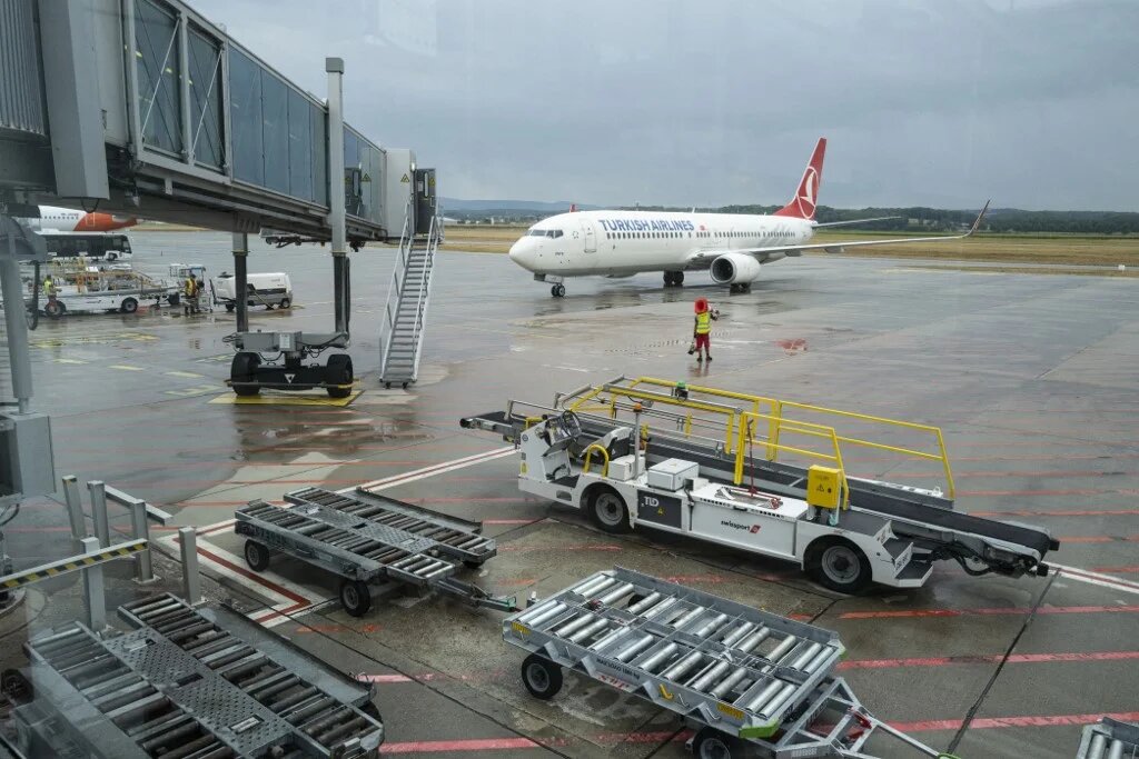 Plane arriving from Istanbul parks at the Basel - Mulhouse Euroairport in Saint Louis, eastern France, on August 4, 2020. (AFP)