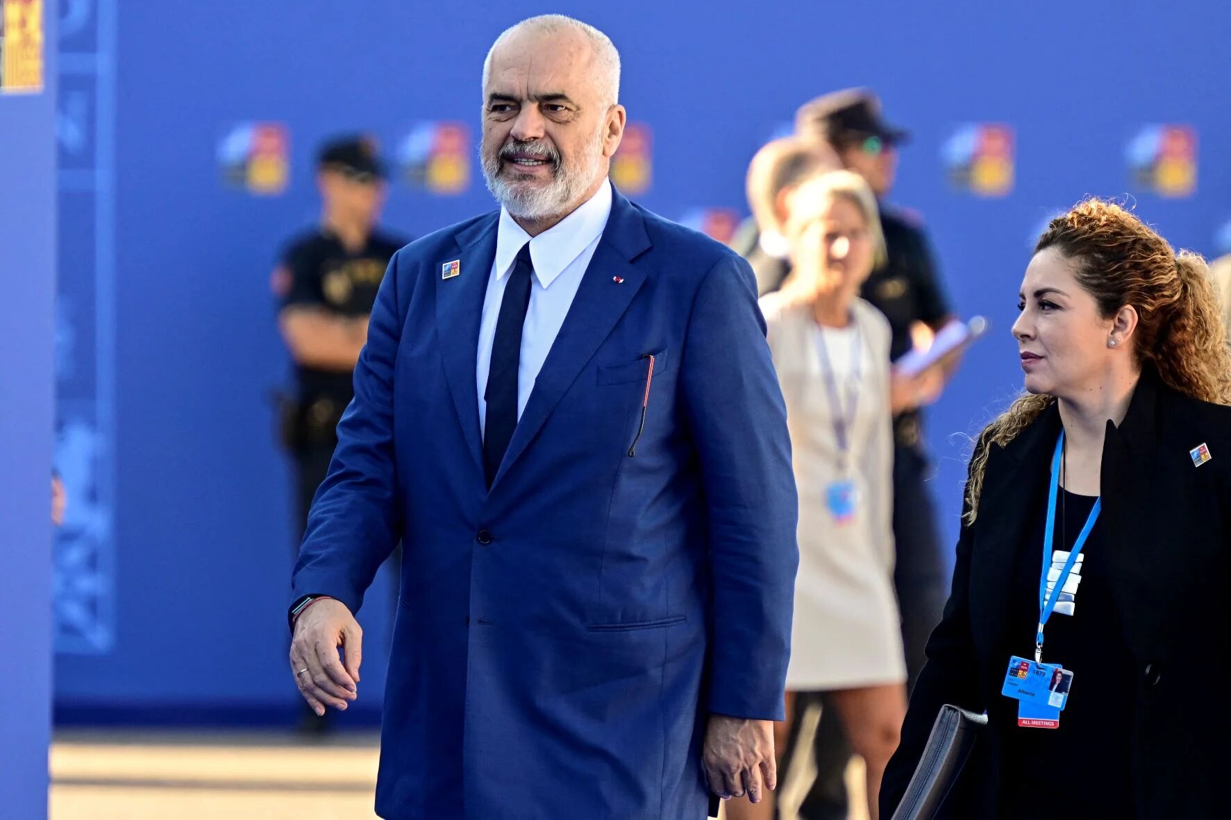 Albania's Prime Minister Edi Rama (L) arrives for the NATO summit at the Ifema congress centre in Madrid, on June 29, 2022 (AFP)