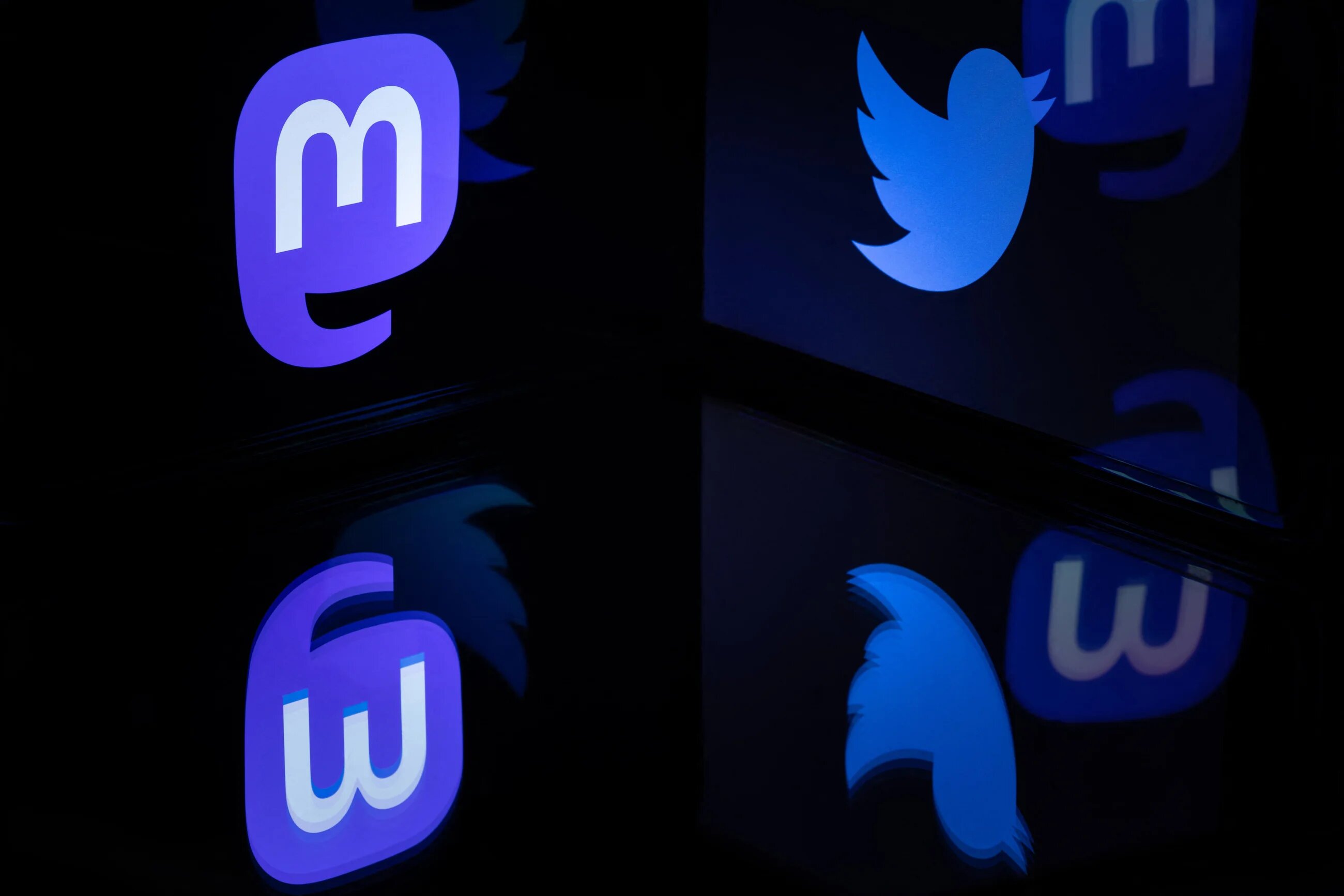 This photograph taken on November 7, 2022 shows the logos of social networks Twitter and Mastodon reflected in smartphone screens, in Paris (AFP)