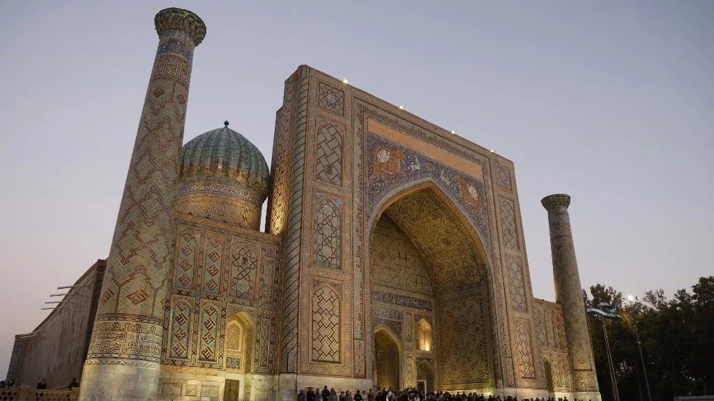 The Sher-Dor Madrassah in Registan Square in Samarkand, Uzbekistan (AFP)