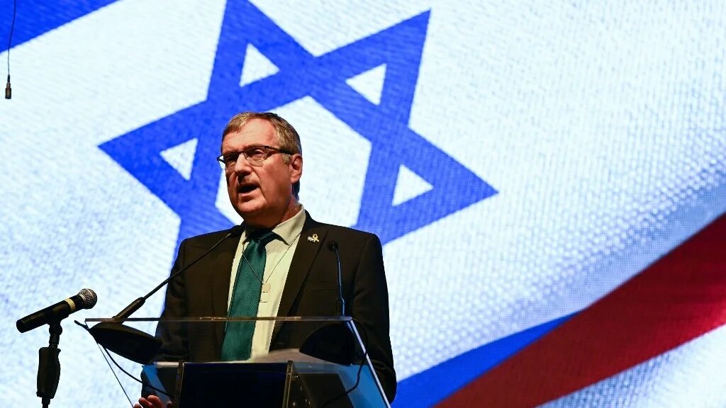 David Roet, Israel’s ambassador to Austria, speaks in Vienna on 7 October 2024 (Joe Klamar/AFP)