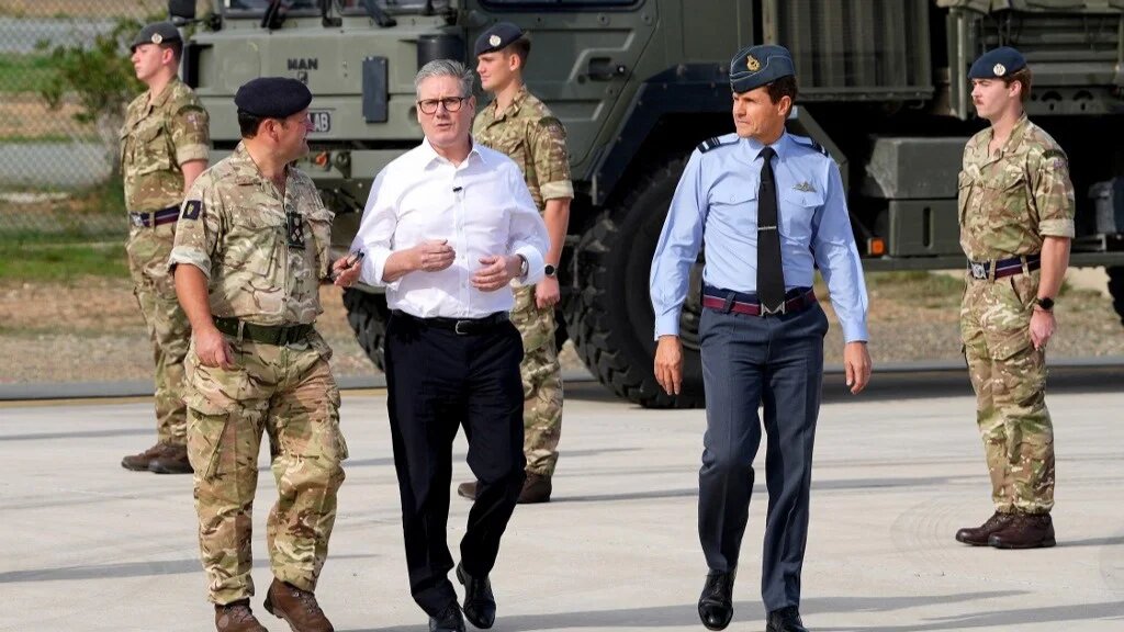 Britain's Prime Minister Keir Starmer arrives at the RAF base in Akrotiri on the southern coast of Cyprus on December 10, 2024