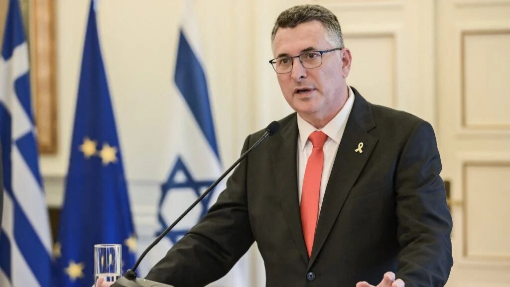 Israel's Minister of Foreign Affairs Gideon Sa'ar speaks during a press conference after a meeting with his Greek and Cypriot counterparts in Athens on March 13, 2025.