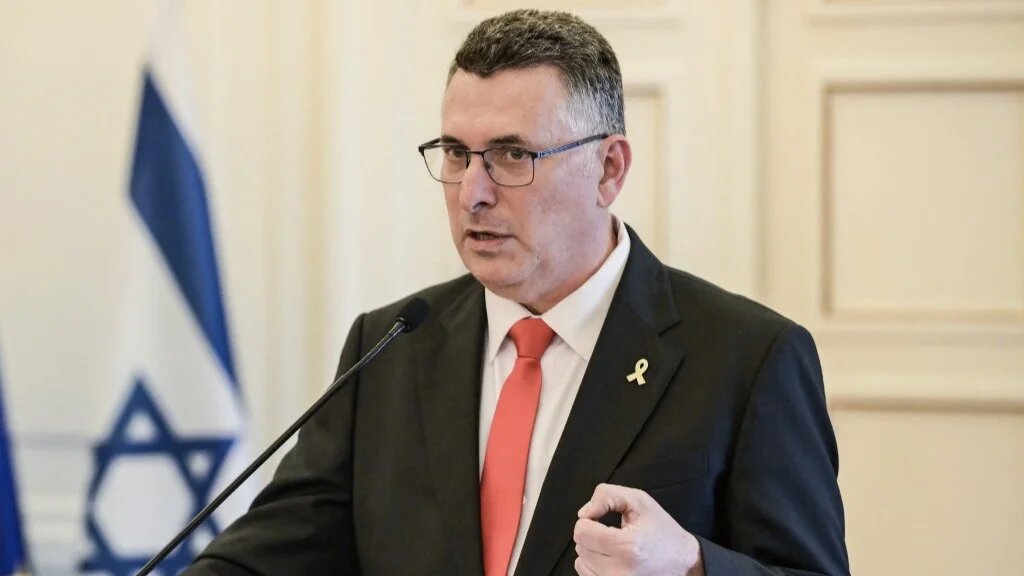 Gideon Sa'ar speaks during a press conference after a meeting with his Greek and Cypriot counterparts in Athens on March 13, 2025.