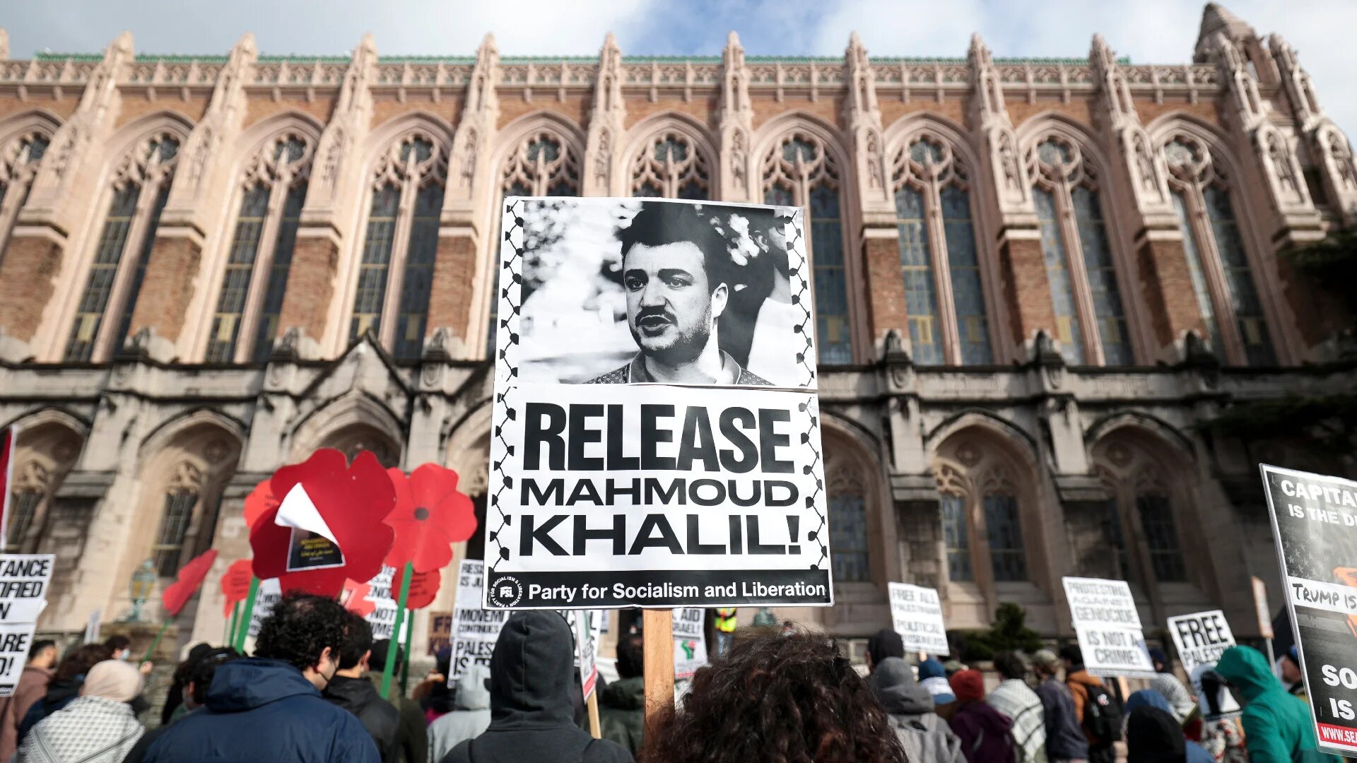 Protesters rally against the arrest of former Columbia University student activist Mahmoud Khalil and show support for Palestinians during a demonstration at the University of Washington campus in Seattle, Washington, on 15 March 2025 (Jason Redmond/AFP)