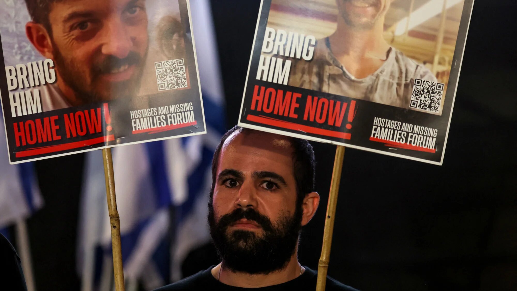 Freed Israeli hostage Yarden Bibas attends a protest calling for the end of the war on Gaza and the release of the captives held in Gaza on 18 March 2025 (AFP/Gil Cohen-Magen)