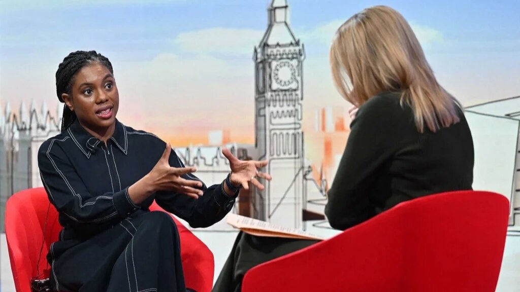 A handout picture released by the BBC, taken and received on April 6, 2025, shows Britain's main opposition Conservative Party leader Kemi Badenoch appearing on the BBC's "Sunday with Laura Kuenssberg" political television show in London.