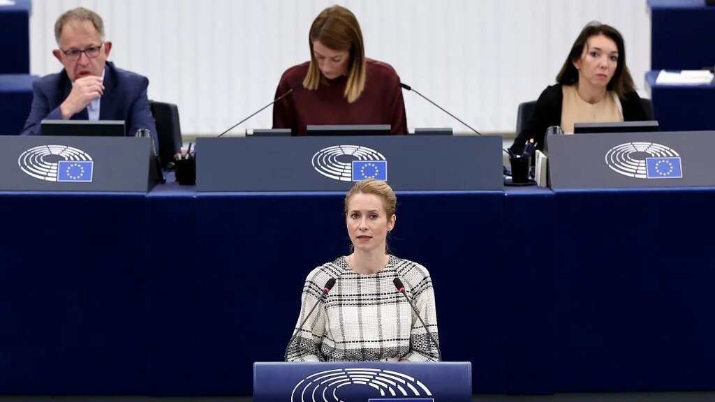 EU High Representative for Foreign Affairs and Security Policy, Kaja Kallas, speaks during a debate on preparations for the June 24-25 NATO summit in The Hague on 18 June (AFP)