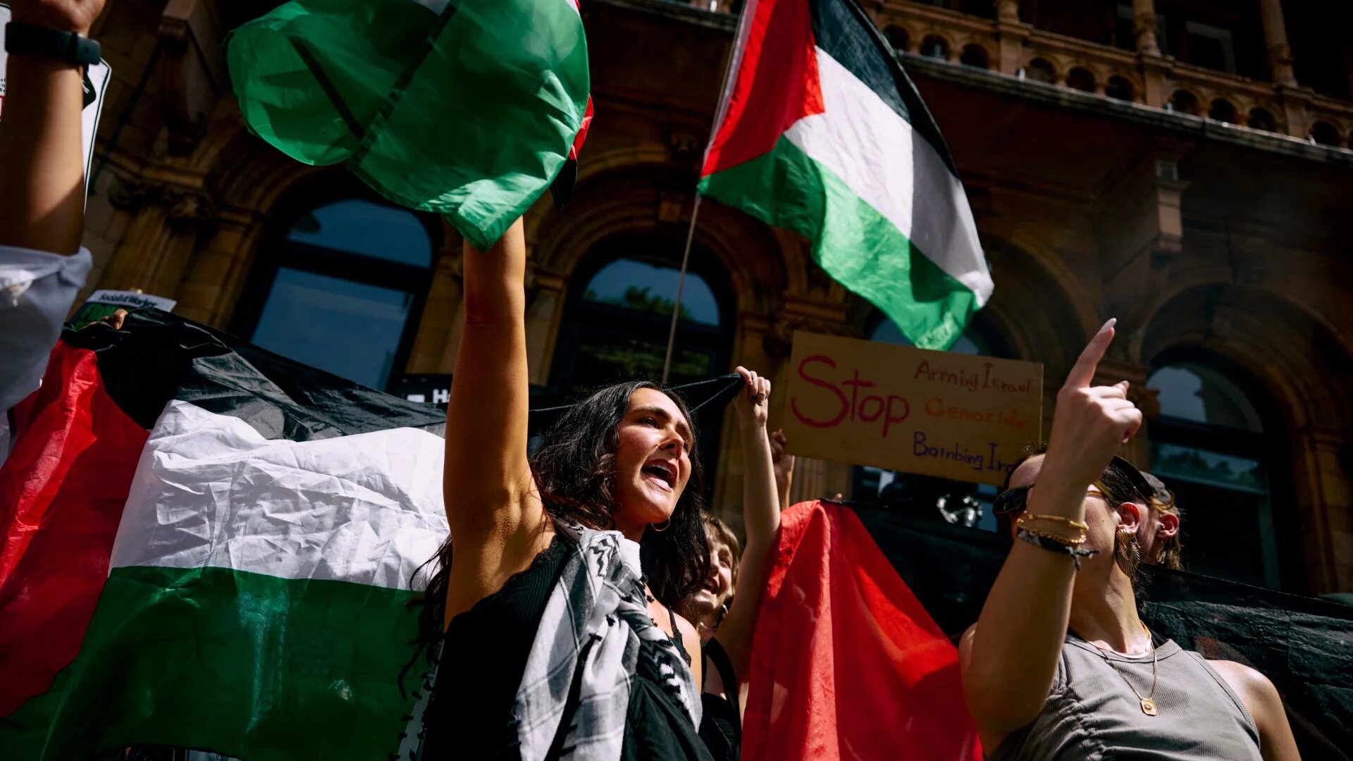 Pro-Palestinian supporters gather in Russell Square before marching through central London on 21 June 2025, calling for an end to the war on Iran, the arming of Israel, and the genocide in Gaza (Benjamin Cremel/AFP)