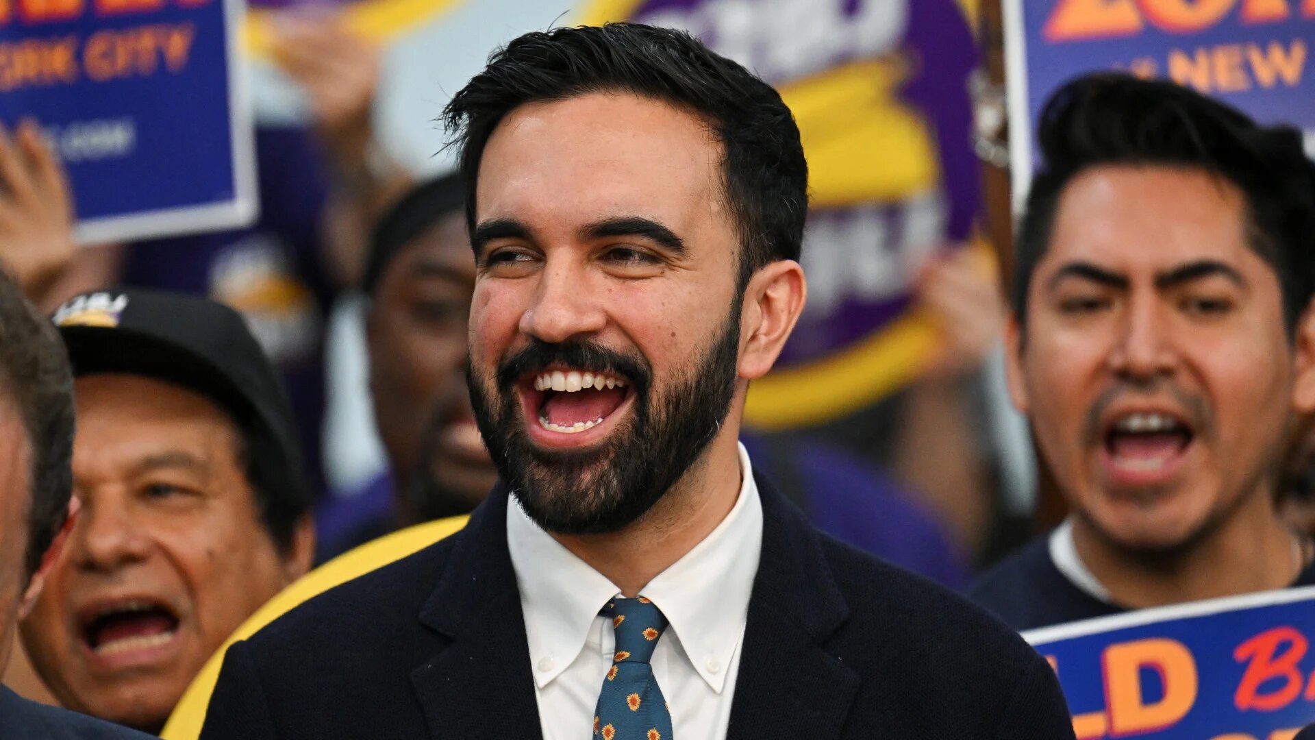 Zohran Mamdani, Democratic candidate for New York mayor, speaks at a press conference with labour union leaders celebrating his primary victory over Andrew Cuomo, New York, 2 July 2025 (Angela Weiss/AFP)