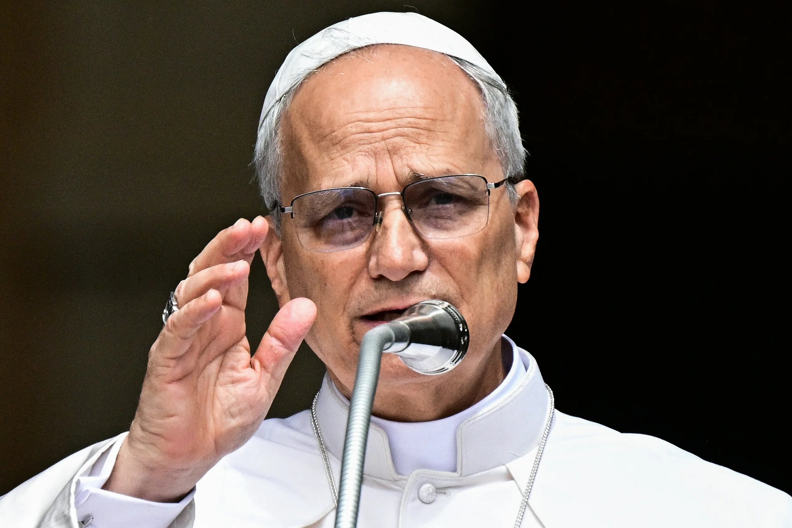 Pope Leo XIV addresses the crowd for the Angelus prayer in Piazza della Liberta in the summer papal estate in Castel Gandolfo, Italy on July 13, 2025. (AFP)