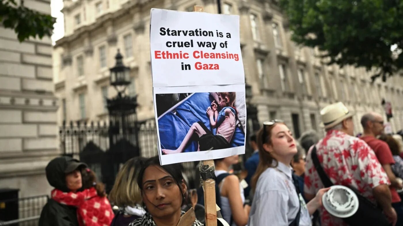 Protesters hold placards outside Downing Street in London during an emergency cabinet meeting on the Gaza humanitarian crisis on 29 July 2025 (Justin Tallis/AFP)