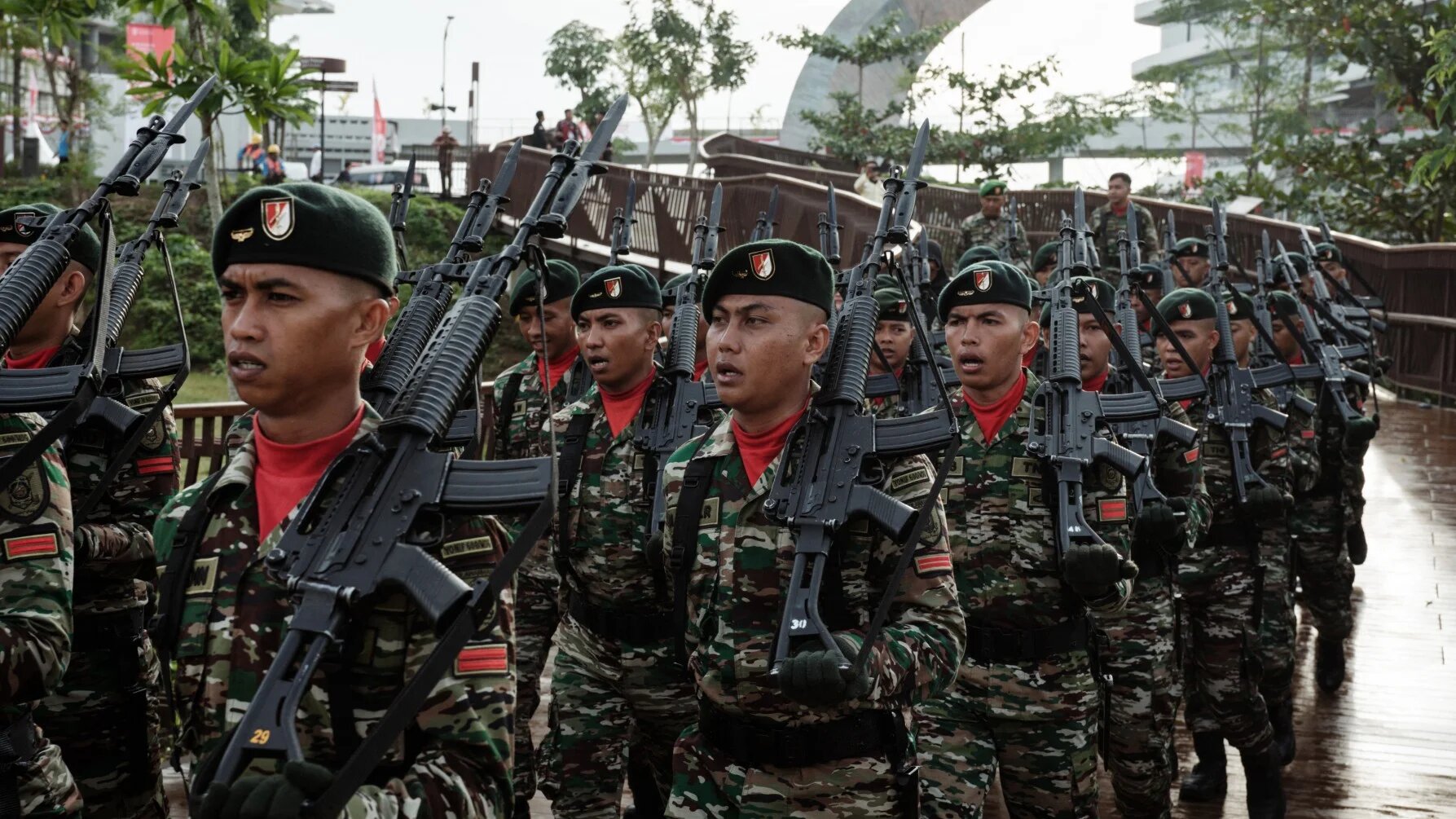 Members of the Indonesian Army march in Nusantara before a ceremony marking Indonesia’s 80th Independence Day on 17 August 2025 (AFP)