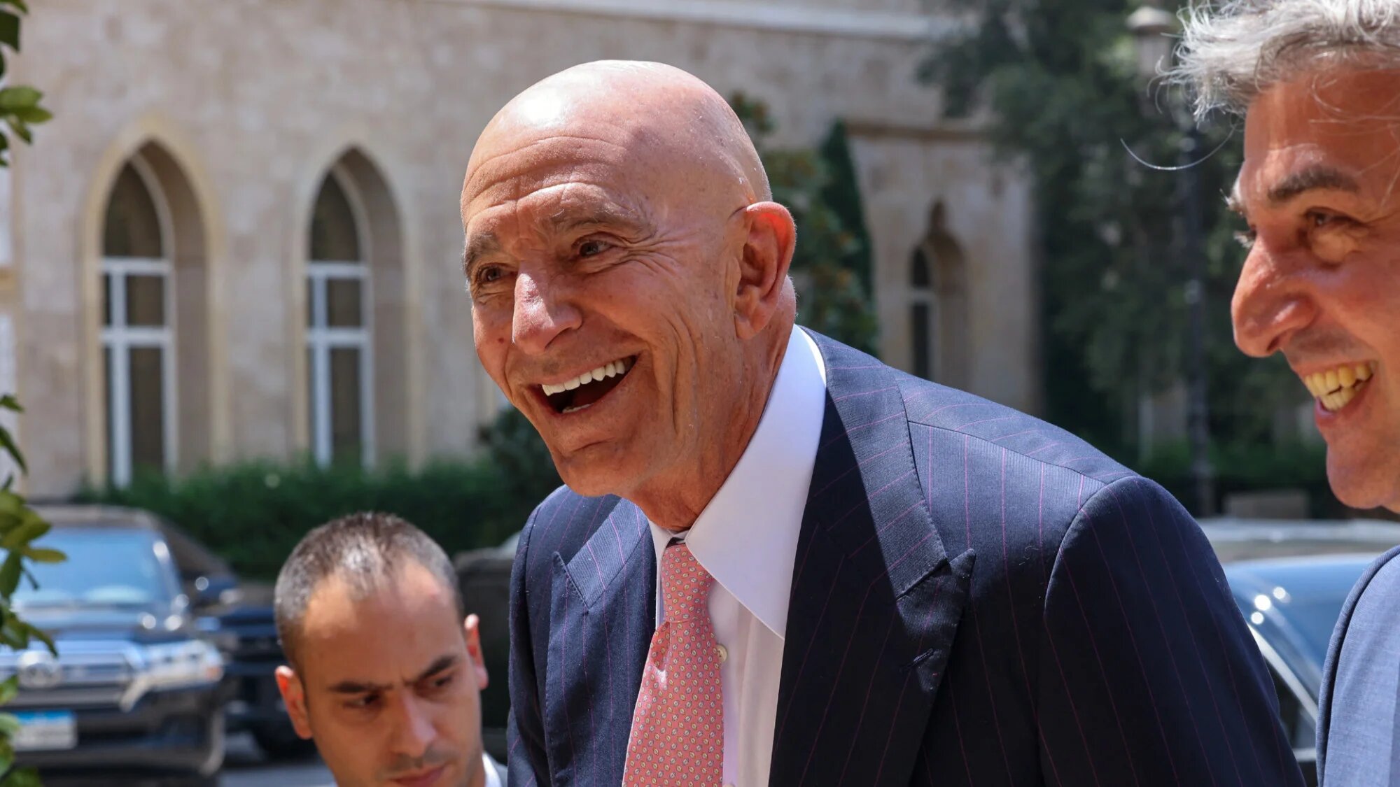 US ambassador to Turkey and special envoy for Syria Tom Barrack (C) arrives for a meeting with Lebanon's prime minister in Beirut on 18 August 2025 (AFP/Anwar Amro))