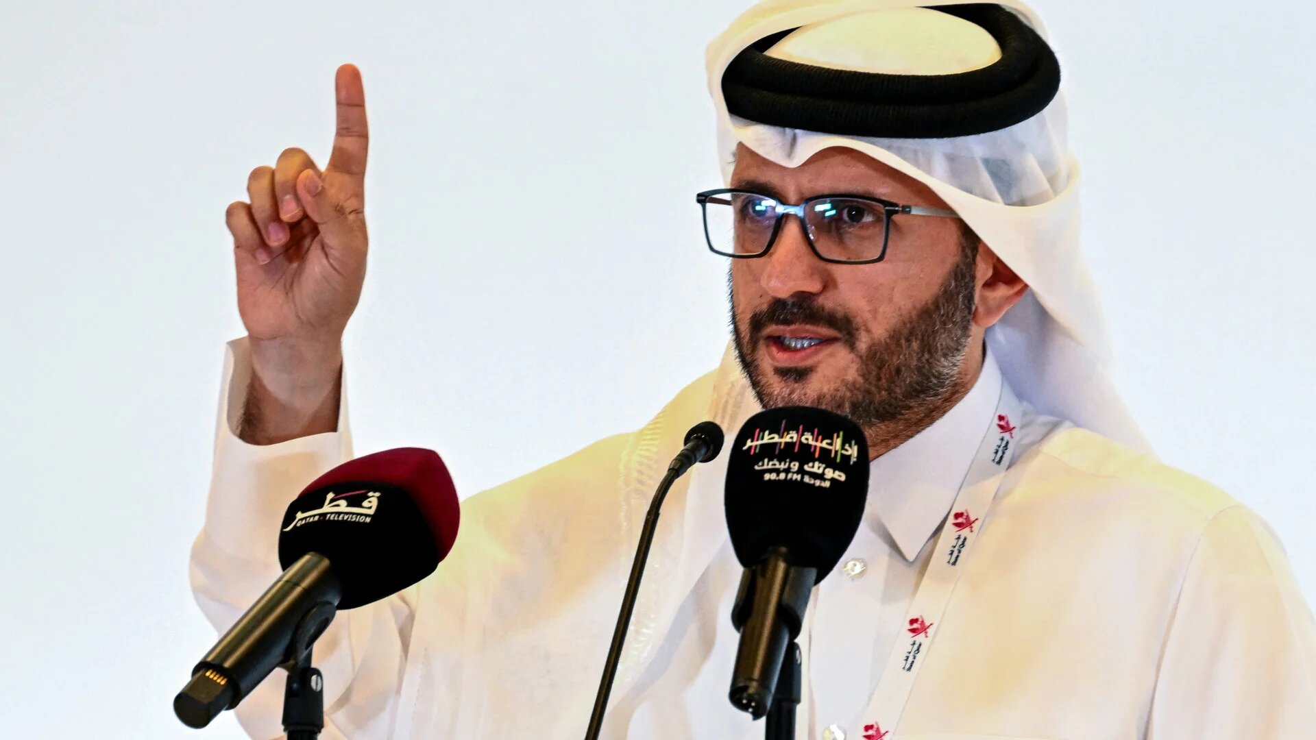 Qatar’s Foreign Ministry spokesperson Majed al-Ansari speaks at a press conference during the Arab-Islamic emergency summit in Doha, after Israel’s unprecedented strike, on 15 September 2025 (Mahmud Hams/AFP)