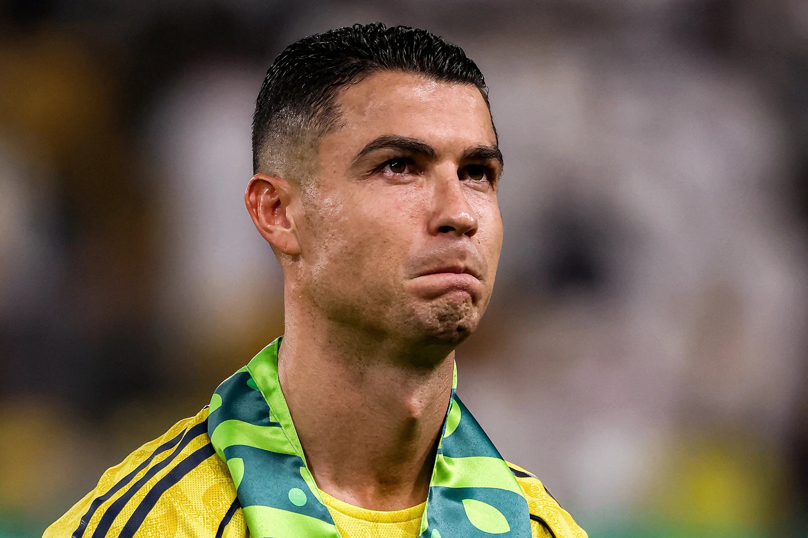 Nassr's Portuguese forward #07 Cristiano Ronaldo looks on during the line-up before the Saudi Pro League football match between Al-Nassr and Al-Riyadh SC at Al-Awwal Park in Riyadh on September 20, 2025. Fayez NURELDINE / AFP