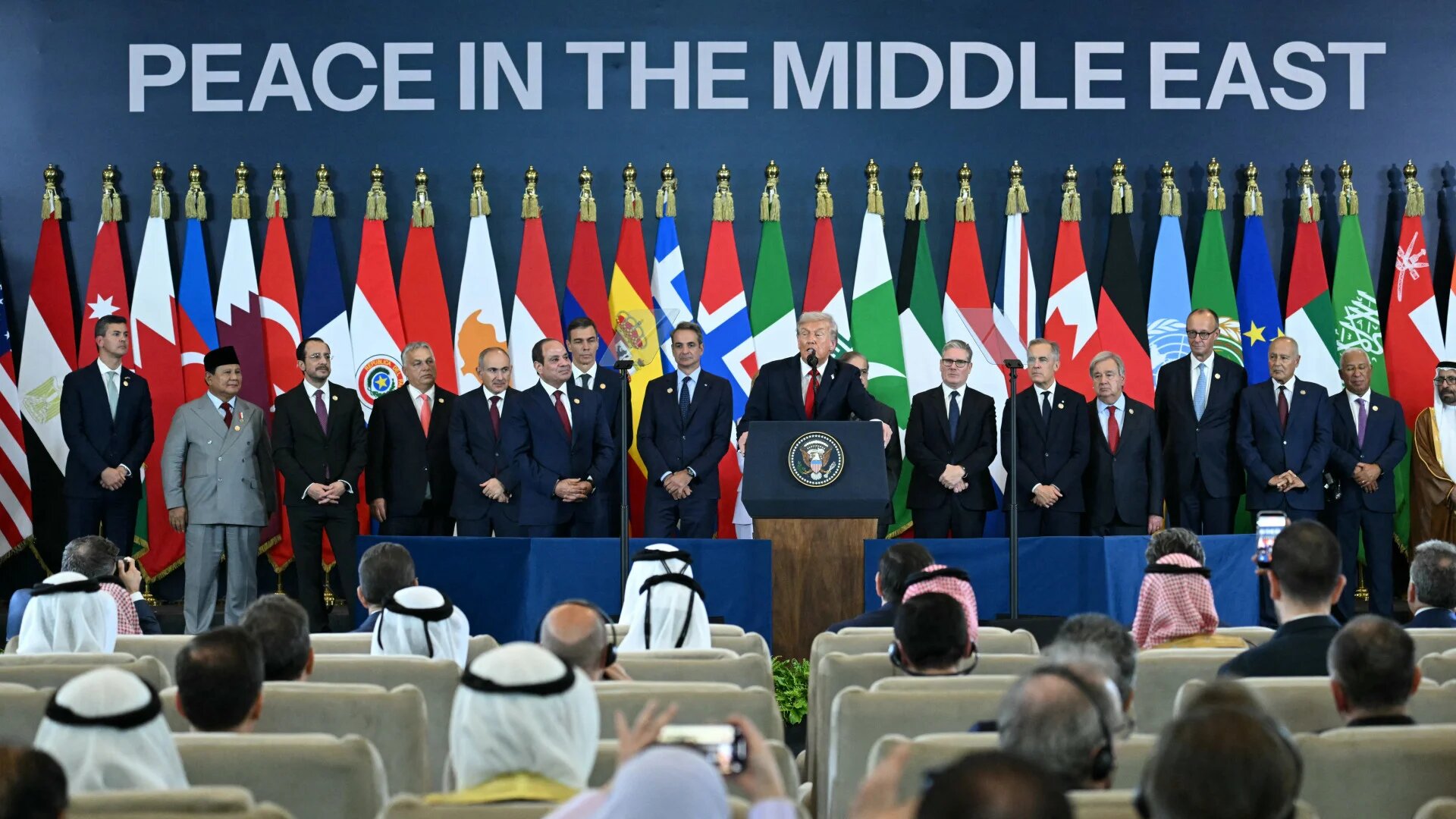 US President Donald Trump speaks during the Sharm el-Sheikh Peace Summit in Egypt on 13 October 2025, where regional leaders discussed a framework for future Gaza negotiations (Saul Loeb/AFP)