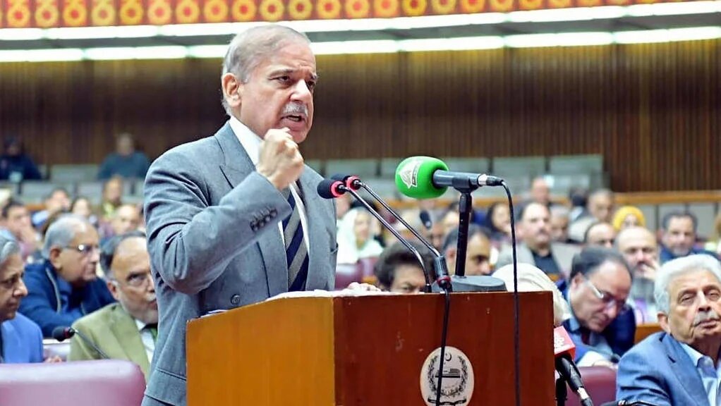 Pakistan's Prime Minister Shehbaz Sharif addresses parliament session on constitutional amendment granting lifetime immunity to the president and current army chief Asim Munir, in Islamabad.