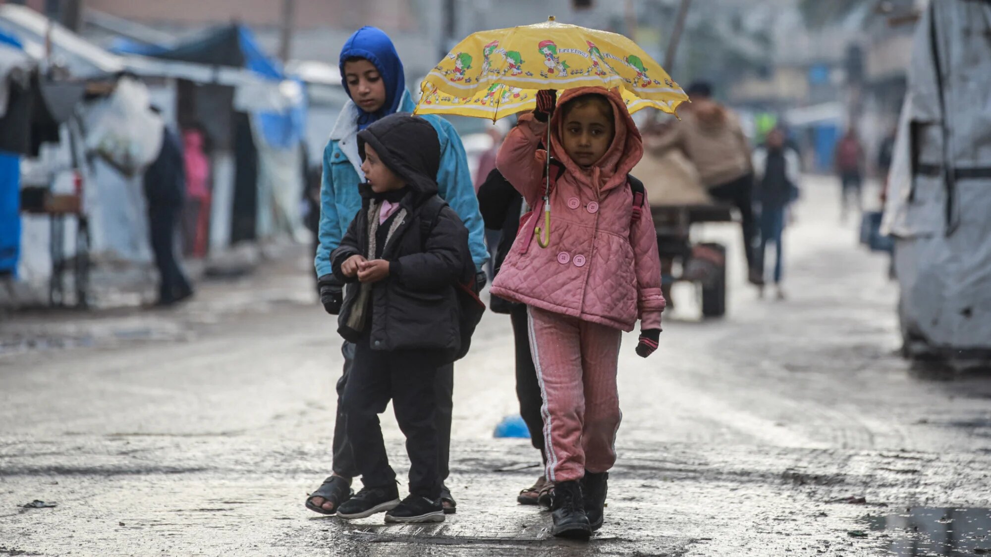 A young girl holding an umbrella goes to school in Deir al-Balah, in the central Gaza Strip, on 10 December 2025 (AFP/Bashar Taleb)