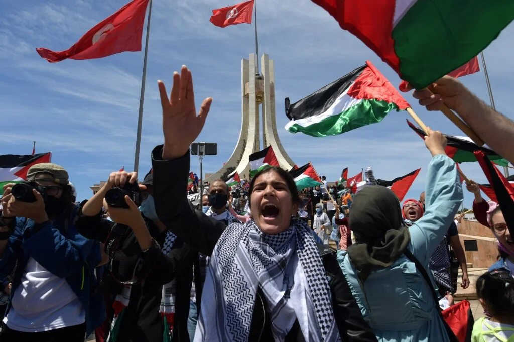 Parmi les slogans des protestataires, le 15 mai à Tunis : « Tunisiens et Tunisiennes soutiennent la Palestine » et « Le peuple veut criminaliser la normalisation avec Israël » (AFP)