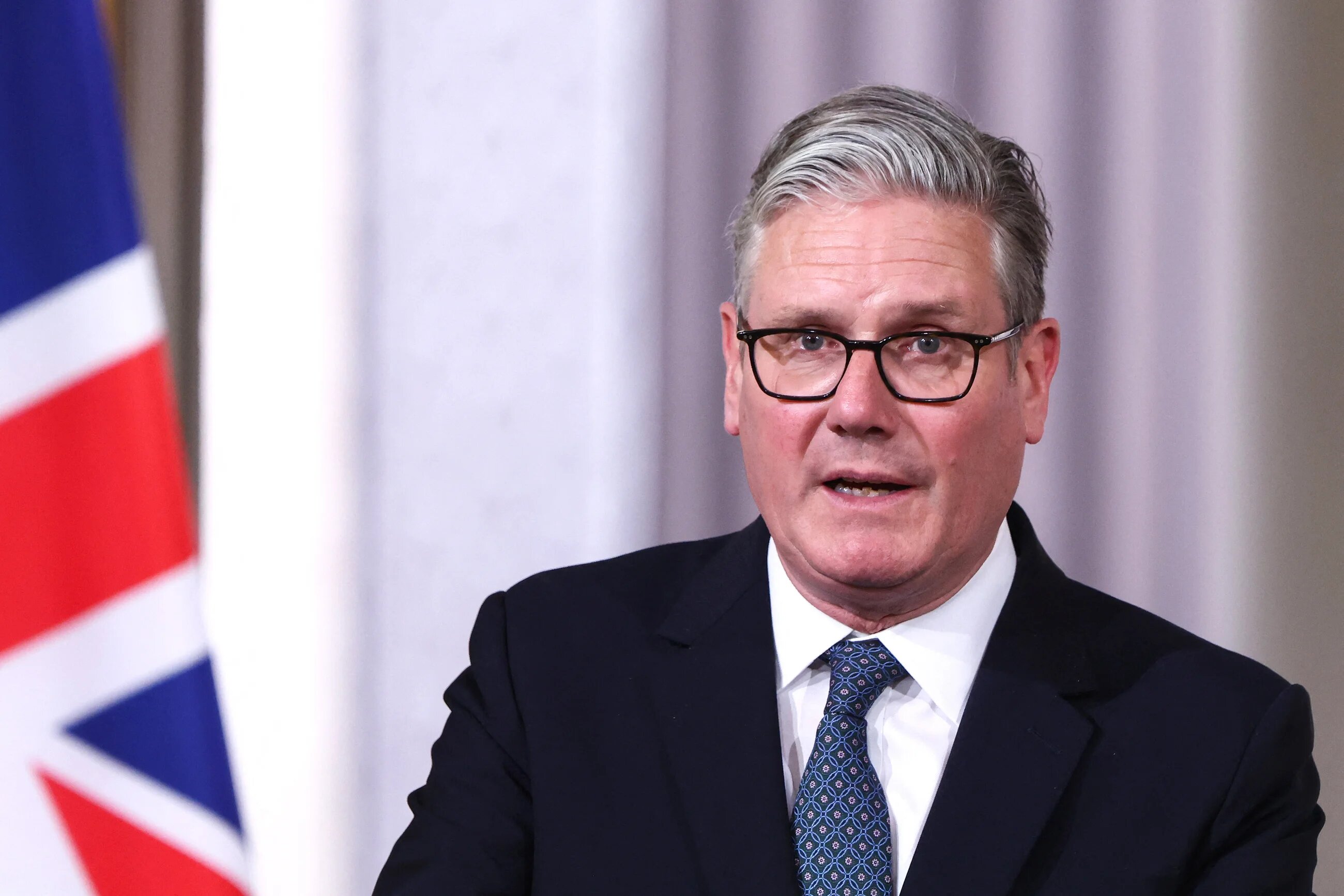 Britain's Prime Minister Keir Starmer speaks during a joint press conference following an international summit on efforts to reopen the Strait of Hormuz at the Elysee Presidential Palace in Paris on April 17, 2026.