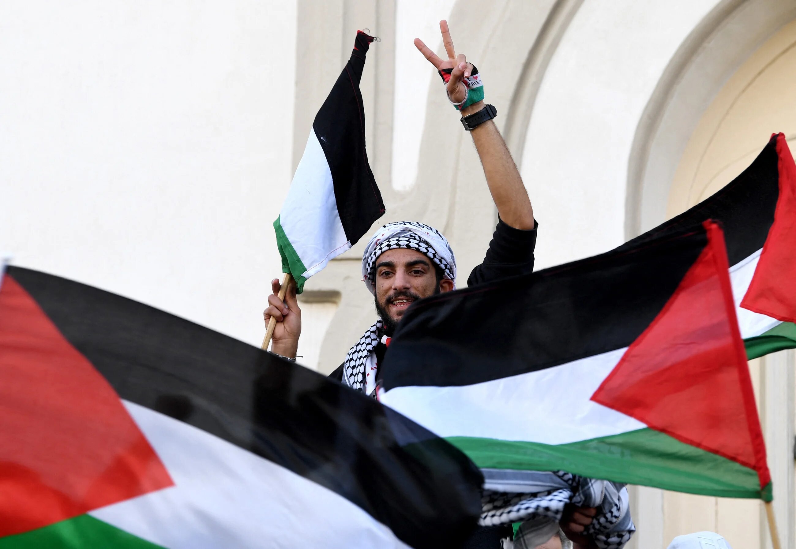 Un Tunisien brandit des drapeaux palestiniens lors d’une manifestation de solidarité avec le peuple palestinien dans la capitale Tunis, le 17 octobre 2015 (AFP)