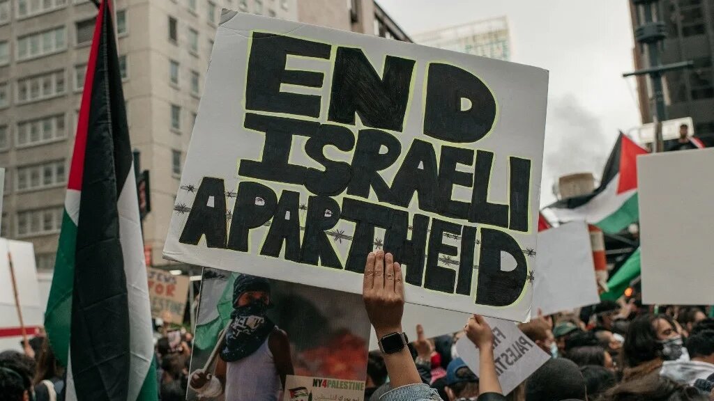 Protesters demanding an end to Israeli aggression against Palestine in New York City on 11 May 2021