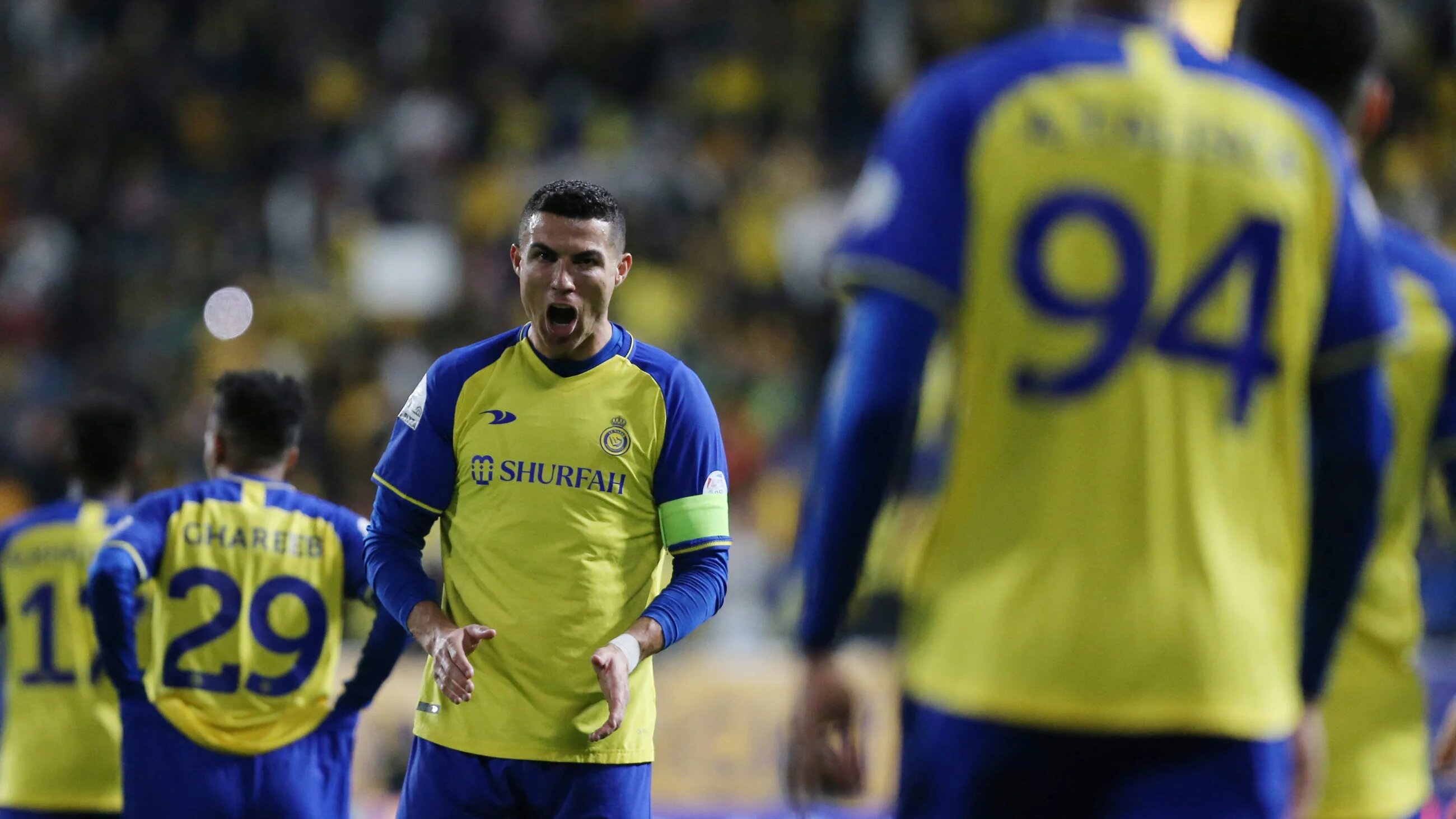 Al Nassr's Cristiano Ronaldo celebrates after teammate Anderson Talisca scores against Al Ettifaq FC in the Saudi Pro League match in Riyadh's Mrsool Park on 22 January 2023 (Rueters)