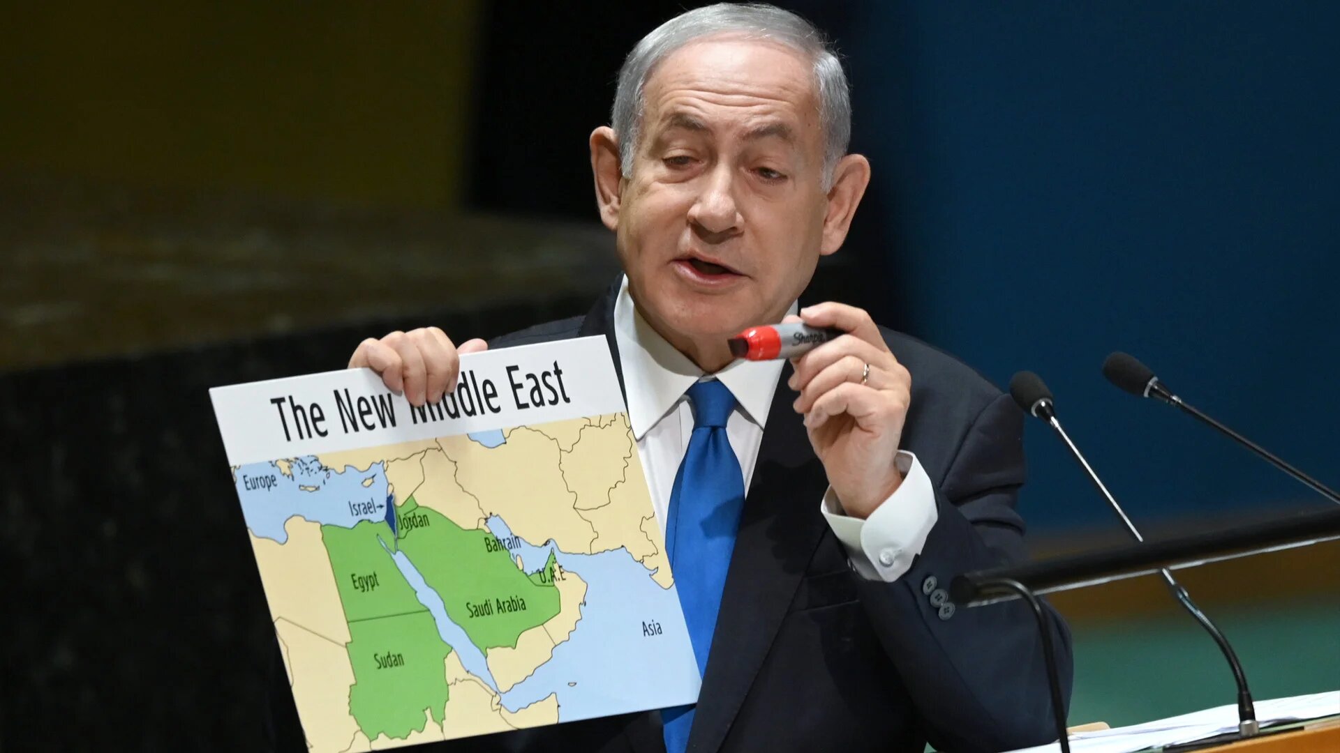 Israeli Prime Minister Benjamin Netanyahu holds a red marker and a map as he addresses the United Nations General Assembly at the UN headquarters in New York, 22 September 2023 (Anthony Behar/Sipa USA)